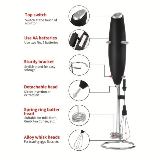 Compact 2-in-1 Handheld Milk Frother Egg Whisk Portable Battery-Powered Mini Blender With Stainless Steel Stand for Coffee